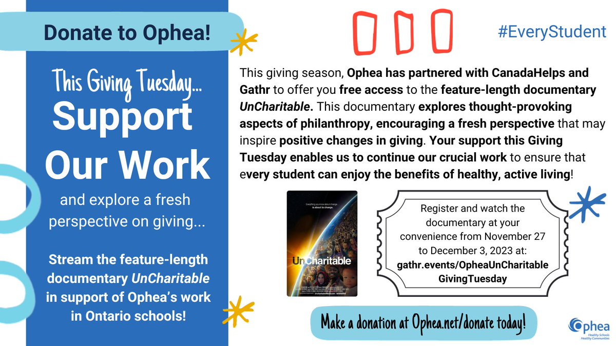 opheacanada's tweet photo. This #GivingTuesday, we've partnered with @canadahelps &amp; @Gathr to provide FREE screenings of @UncharitableMov until Dec 3! 

Screen #UnCharitable at https://t.co/MVS4rR0uZb

Donations for this screening &amp; to support Ophea's work are gratefully accepted at https://t.co/XA2fxW0Jr1 https://t.co/FUCXTRDi6C