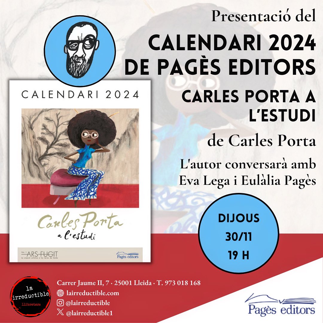 lairreductible1's tweet photo. Aquest dijous presentarem el sempre esperat calendari de @PagesEditors, que aquest any va a càrrec de l'artista @carlesporta1. Us assegurem que és una meravella!
També hi seran l’@EulaliaPages i l’#EvaLega. Una magnífica oportunitat d'endur-vos el calendari firmat pel seu autor! https://t.co/m5Qh5J5CeQ