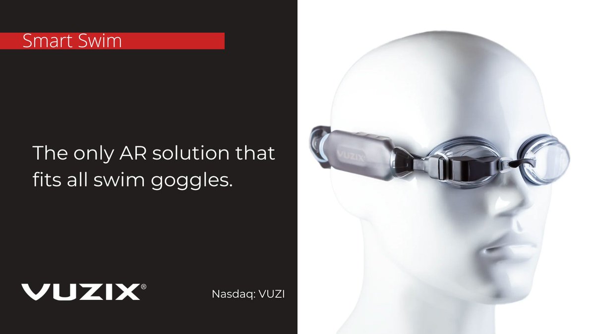 Vuzix's tweet photo. Swim smarter with Vuzix Smart Swim! In a recent training session, a user recognized the value of a heads-up display as it provided the ability to focus and stay aware during his outdoor freestyle swim. Discover the #wearabletech solutions that fit all goggles: https://t.co/oenPTJ17mv $VUZI #AR #Tech #Swimming #Sports