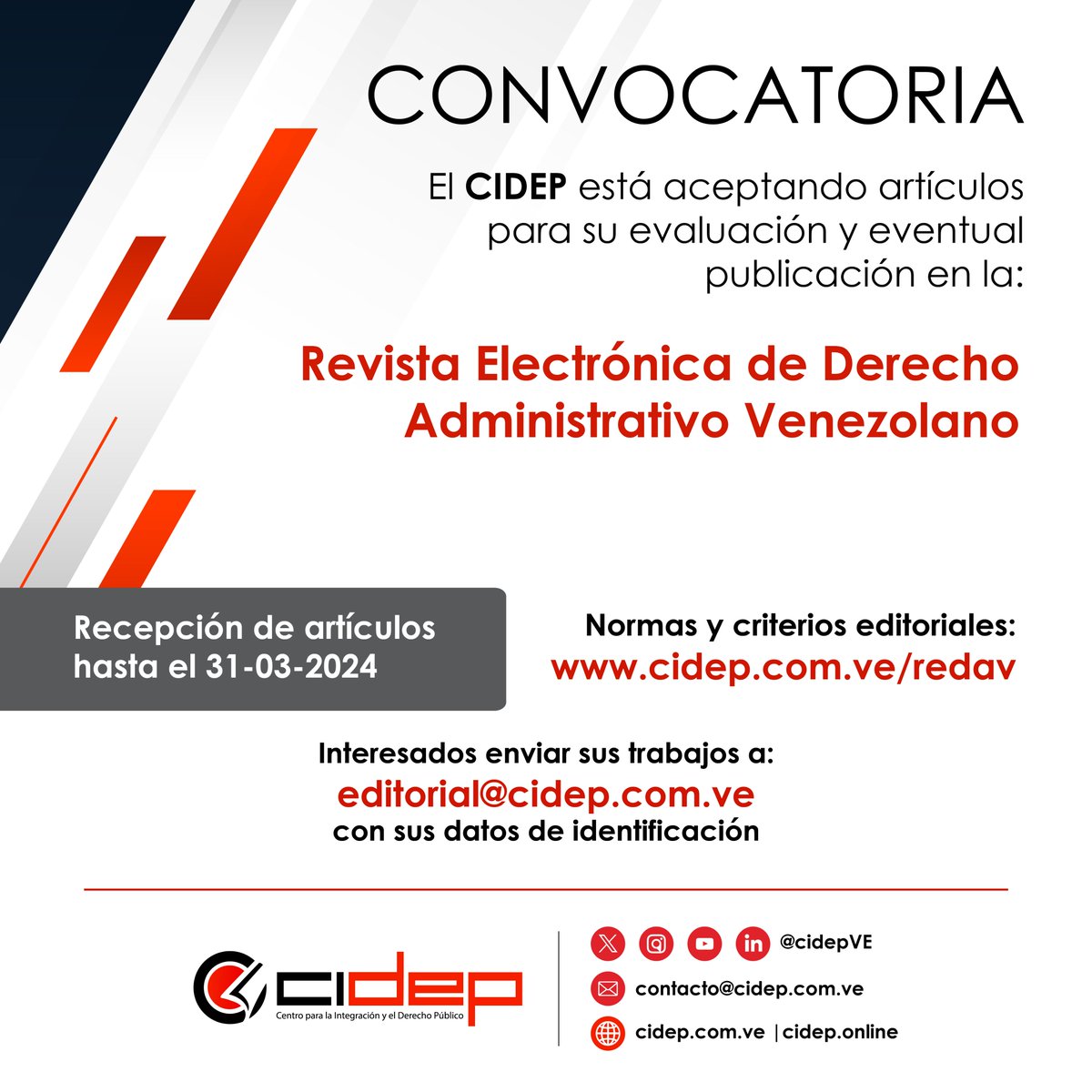 Hasta el 31/03/2024 se recibirán artículos para la próxima edición de la Revista Electrónica de Derecho Administrativo Venezolano (ISSN 2542-3169), incorporada al catálogo de <a href="/Latindex/">Latindex</a>. Normas editoriales en cidep.online/ojs/index.php/…