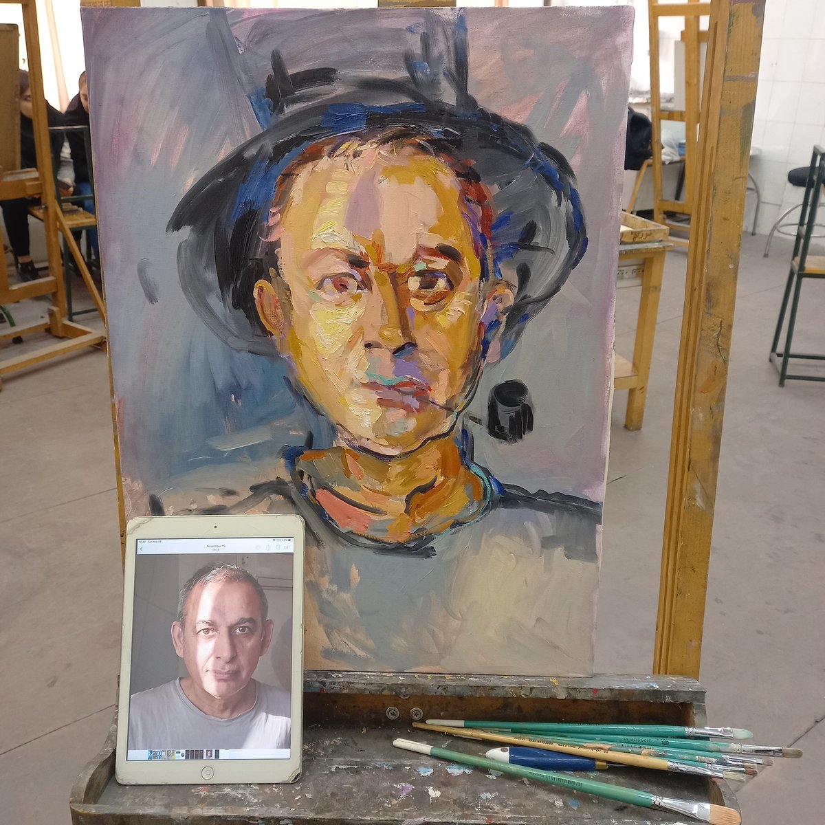 This semester, I am working with the students on the Fauvism and Expressionism painting workshop. I also work myself.  they learn more from my work than my talk. Fauvism is a style in which there is exaggeration in color and in expressionism exaggeration in both form and color.