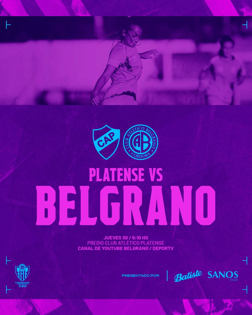 🔜 PRÓXIMO PARTIDO

<a href="/capfutfem/">Platense Fútbol Femenino</a> 🆚 <a href="/BelgranoFem/">Belgrano Femenino</a>

📅 Jueves 30/11
⌚ 9:10 hs
🏟️ Predio Club Atlético Platense
📺 Canal de Youtube de #Belgrano y <a href="/canaldeportv/">DEPORTV</a>.

#BelgranoVamos 🏴‍☠️