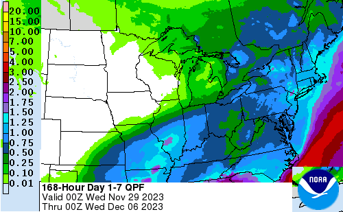 Persistent dry conditions to continue across the Upper Mississippi Valley.  7 day total precipitation forecast through December 5, 2023.