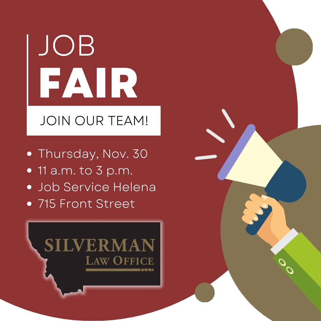 LawSilverman's tweet photo. Join us at our upcoming job fair this Thursday in Helena! Whether you are an experienced attorney or paralegal, or if you are looking to start a career as a legal assistant, we want to hear from you. For more information, call 406-449-4829 or email jesse@mttaxlaw.com. https://t.co/DEsWTaIiYS