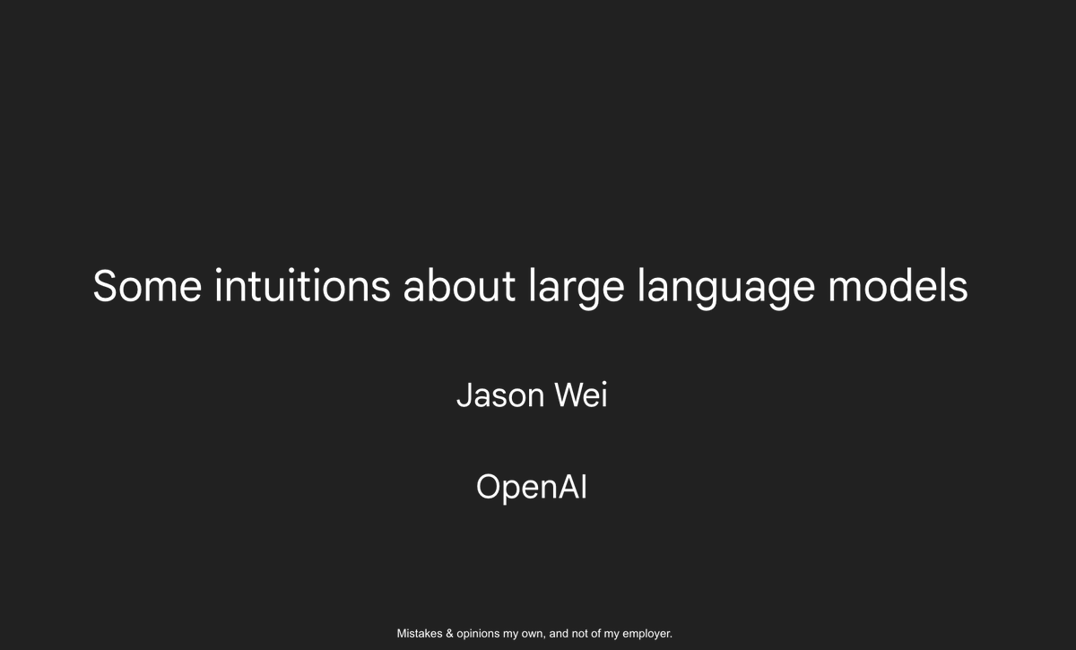 _jasonwei's tweet image. It was an honor to give a guest lecture yesterday at Stanford’s CS330 class, "Deep Multi-Task and Meta-Learning"!

I discussed a few very simple intuitions for how I personally think about large language models.

Slides: docs.google.com/presentation/d…

Here are the six intuitions: 

(1)…