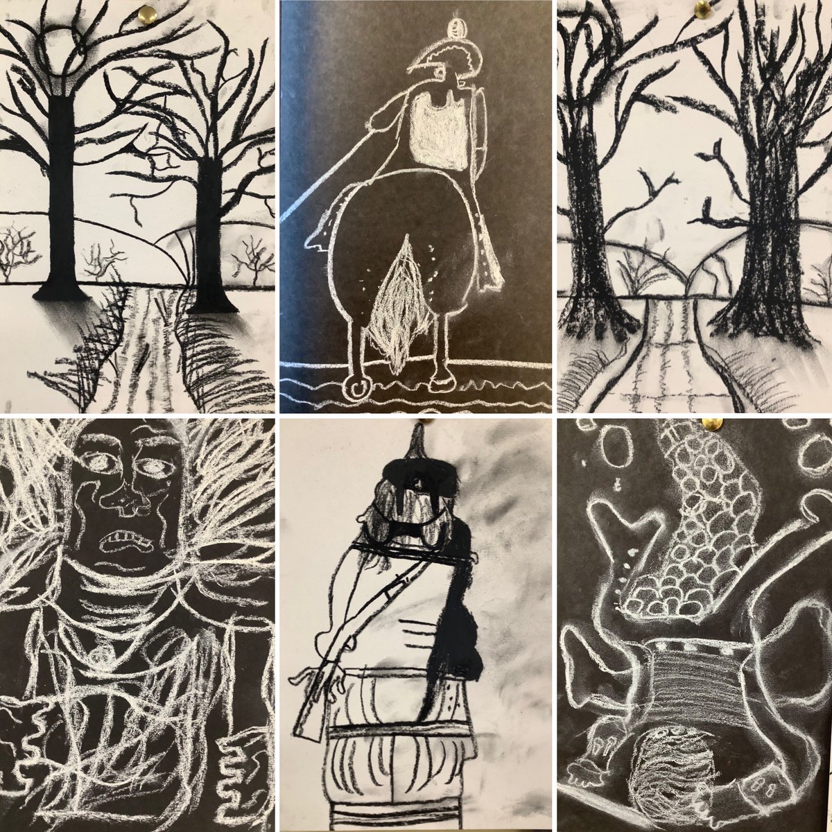 RoebuckSchool's tweet photo. Inspired by the illustrator #CharlesKeeping, Year 6 have created artwork based on the narrative poem “The Highwayman”. They used white chalk on a black background and charcoal on a white background. The final pieces look stunning! #artwork #thehighwayman #alfrednoyes https://t.co/Ylz9q12ZbC