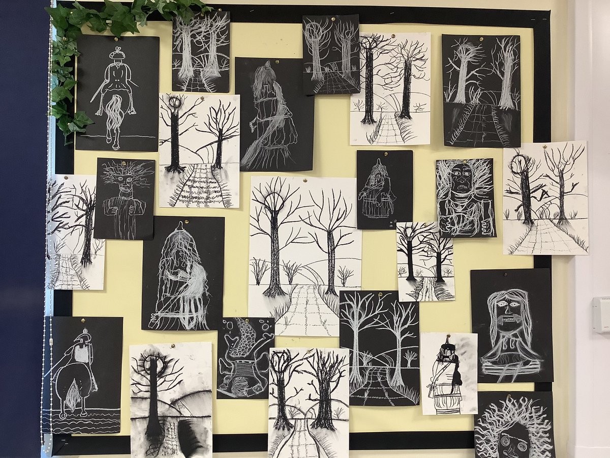 RoebuckSchool's tweet photo. Inspired by the illustrator #CharlesKeeping, Year 6 have created artwork based on the narrative poem “The Highwayman”. They used white chalk on a black background and charcoal on a white background. The final pieces look stunning! #artwork #thehighwayman #alfrednoyes https://t.co/Ylz9q12ZbC