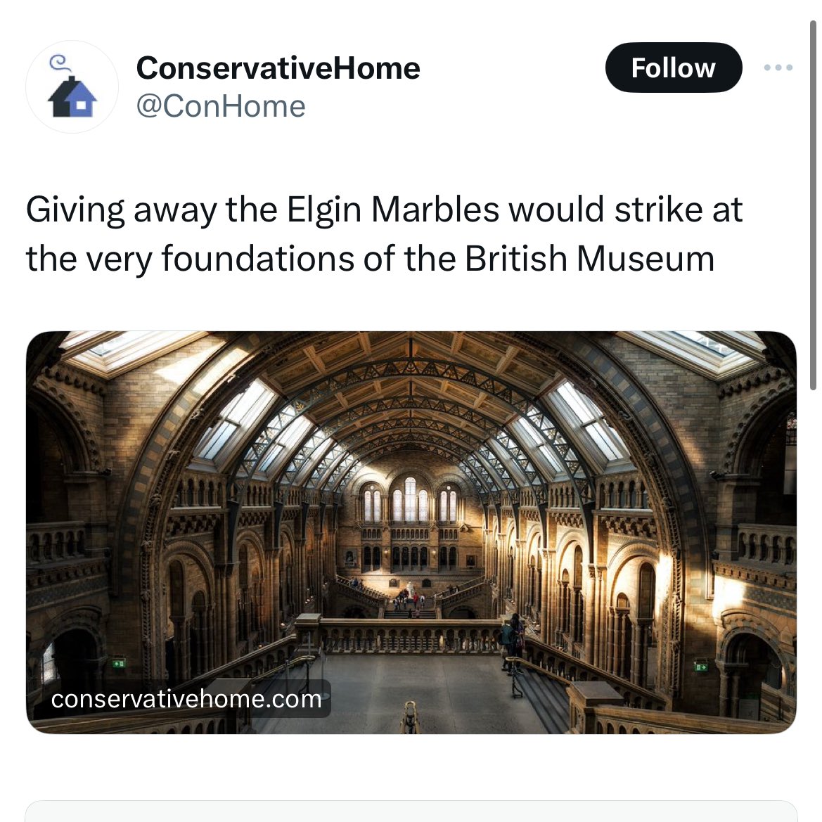 this is a picture not of the British Museum but of the Natural History Museum* *and sadly the facts of the return of the Parthenon Sculptures are even more abused when you get to the actual article