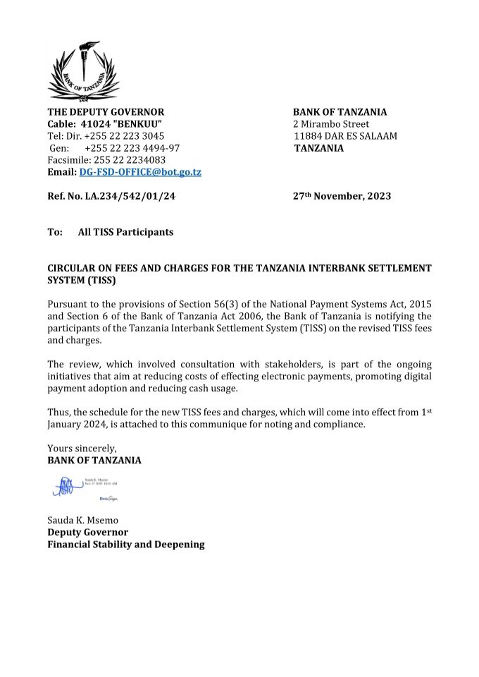 Hakingowi's tweet photo. 🚨News Alert 

“HABARI NJEMA”

▪️Benki kuu ya Tanzania-BOT imeagiza kushuka kwa Gharama ya tozo/charges za miamala inayofanyika kwa njia ya kielektroniki kuanzia mwezi Januari 1, 2024.

Lengo la agizo hilo ambalo limehusisha wadau wote wa sekta ya Fedha ni kuchochea digital transactions ikiwa ni jitihada za kuelekea kwenye cashless economy nchini