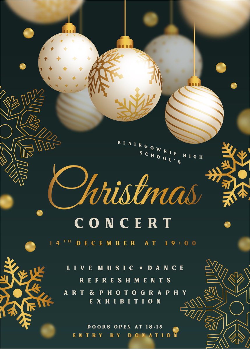 SAVE THE DATE for our Christmas Concert on Thursday 14th December. Doors open 18:15 and the concert begins at 19:00. It's set to be an amazing evening with live music, dance, and art and photography exhibitions. More information to follow. We hope to see you there! <a href="/BlairgowrieHS/">Blairgowrie HS</a>