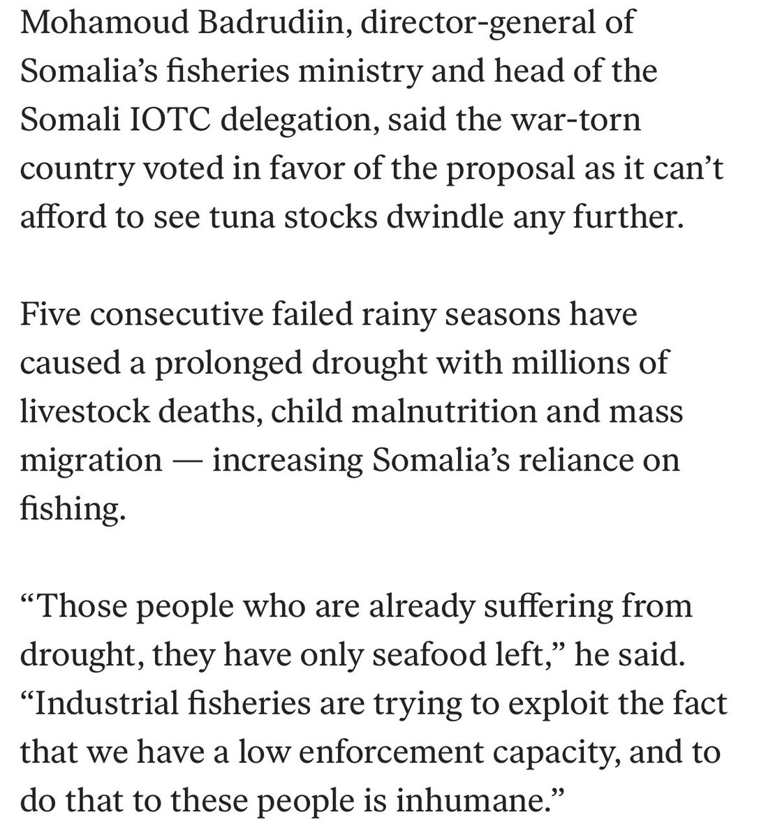 AhCadde's tweet photo. In 2008, the EU launched Operation Atalanta in Somalia, which is an ongoing counter-piracy military operation. 

Ironically, the same EU allows their ships to exploit the waters they “protect”. Somalia’s DG of fisheries stated that this practice was “inhumane”. https://t.co/DSmVDfEni8