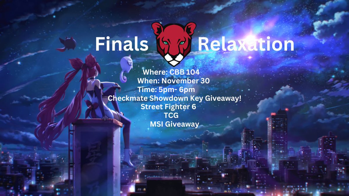 Want to relax before finals starts? Join us Thursday 5-9 (yes 9, the graphic is wrong) for some relaxation! We'll have a showcase of @Checkm8Showdown, and some giveaways from @msiUSA! Come for a little or the whole time! P.S. @MonsterEnergy is giving free Monster 👀