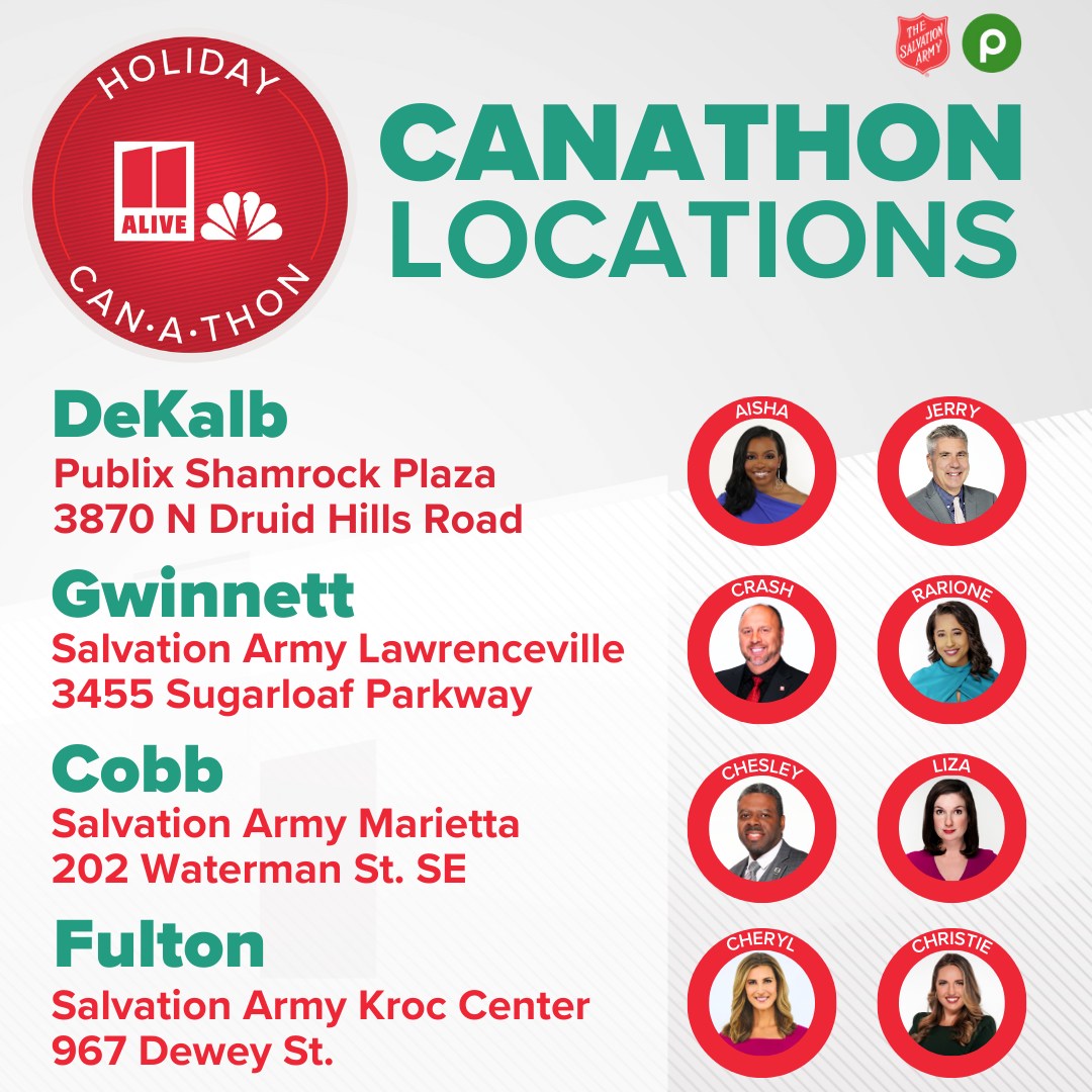 CiaraFrisbie's tweet photo. I'll be producing from the field this Friday! 

Stop by, say hey to our @11Alive team and donate canned goods at any of the locations listed below. 

See you all there! #11Alive #Canathon #SeasonofGiving https://t.co/yBx2eZi9pn