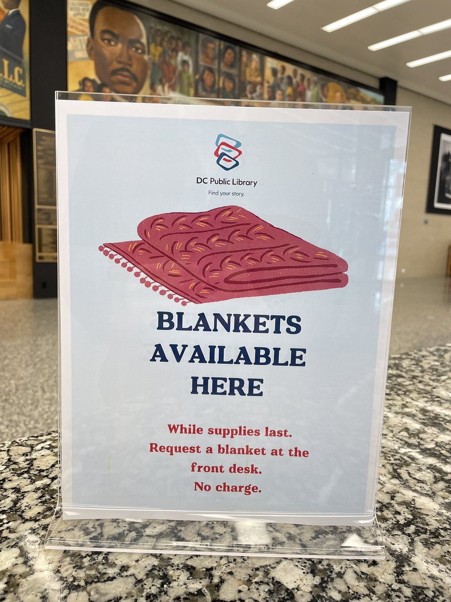 Spotted at the MLK Library.

You can request a blanket at the front desk. No charge.

Check on unsheltered neighbors, seniors, and other vulnerable individuals. 

If you see someone in need of shelter, call:
☎️ 202-399-7093 or 311 
📞911 if there’s an immediate safety risk