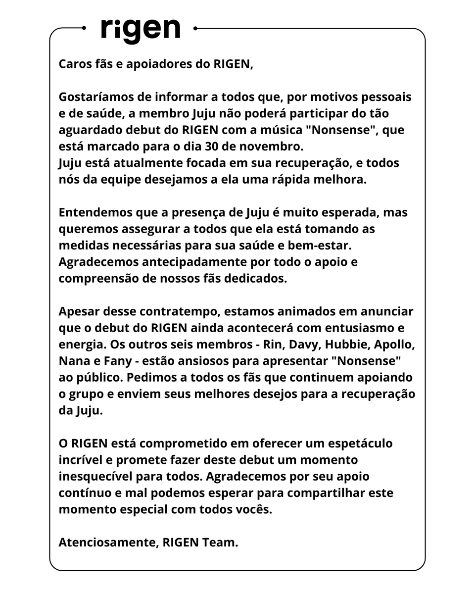 Com pesar, anunciamos a ausência da integrante Juju <a href="/juju_npop/">juju 🦢💛</a> no debut do grupo. Para mais detalhes e mensagens de apoio, leia a nota abaixo. Agradecemos a compreensão e o carinho de todos.

#RIGENDebut #Nonsense #GetWellSoonJuju
