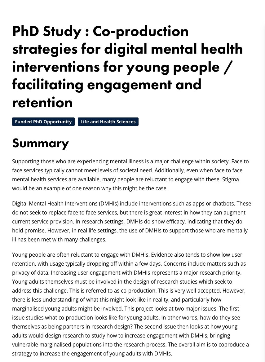 New PhD opportunity led by the inestimable @DrEdelEnnis researching co-production strategies for digital mental health interventions for young people targeting engagement and retention ulster.ac.uk/doctoralcolleg… - Deadline 5 February 2024