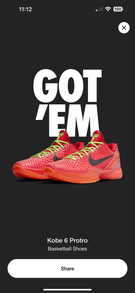 I hit a W on SNKRS Kobe Reverse Grinch Shock Drop. My win streak continues.