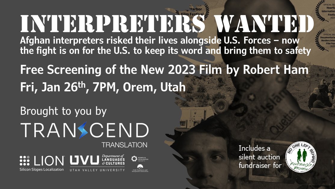 Silicon Slopes L10n (@utahl10n) on Twitter photo Save the date for this Free screening of the 2023 film Interpreters Wanted by <a href="/HAMMRProds/">Robert Ham</a> on Fri, Jan 26, 2024 interpreterswanted.eventbrite.com and silent auction to benefit <a href="/n1leftbehind/">No One Left Behind</a> at <a href="/UVU/">UVU</a> in Orem, Utah, with <a href="/TranscendTransl/">Transcend Translation</a> <a href="/WomenInL10N/">WomeninLocalization</a> <a href="/UTIAnet/">UTIA</a> <a href="/ProfessorOlsen/">Barry S. Olsen</a> <a href="/AdamWooten/">Adam Wooten</a> Save the date for this Free screening of the 2023 film Interpreters Wanted by <a href="/HAMMRProds/">Robert Ham</a> on Fri, Jan 26, 2024 interpreterswanted.eventbrite.com and silent auction to benefit <a href="/n1leftbehind/">No One Left Behind</a> at <a href="/UVU/">UVU</a> in Orem, Utah, with <a href="/TranscendTransl/">Transcend Translation</a> <a href="/WomenInL10N/">WomeninLocalization</a> <a href="/UTIAnet/">UTIA</a> <a href="/ProfessorOlsen/">Barry S. Olsen</a> <a href="/AdamWooten/">Adam Wooten</a>