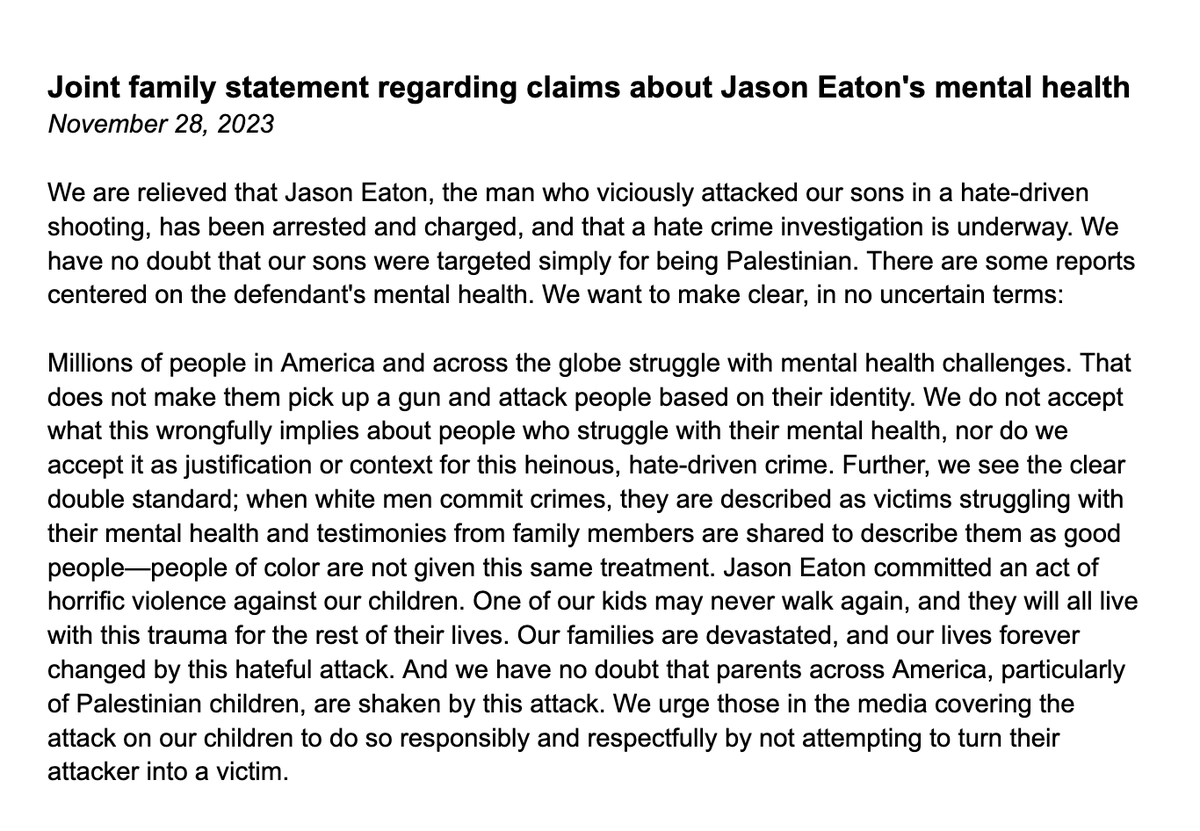 theIMEU's tweet photo. BREAKING: NEW (11/28) joint statement from the families of Hisham Awartani, Kinnan Abdalhamid and Tahseen Ali Ahmad, three Palestinian college students shot in Vermont https://t.co/xn1PcT9eth