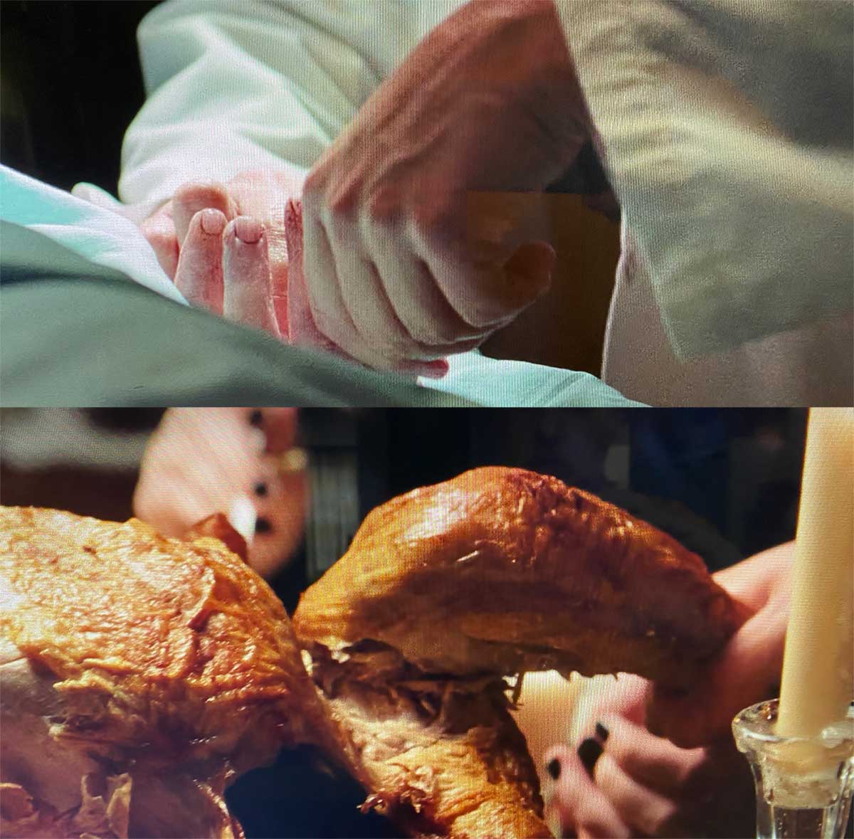 chimaboo's tweet photo. Ep2 #TheNightLoganWokeUp: Maybe it was holiday timing, but straightening the mother's dead fingers smashcut to tearing off a turkey leg at family dinner was awful, actually made me wince. It links familiar space to violation, but felt like a cheap gag. @gianclm #TVAestheticsGC https://t.co/GgGAgnHVqI