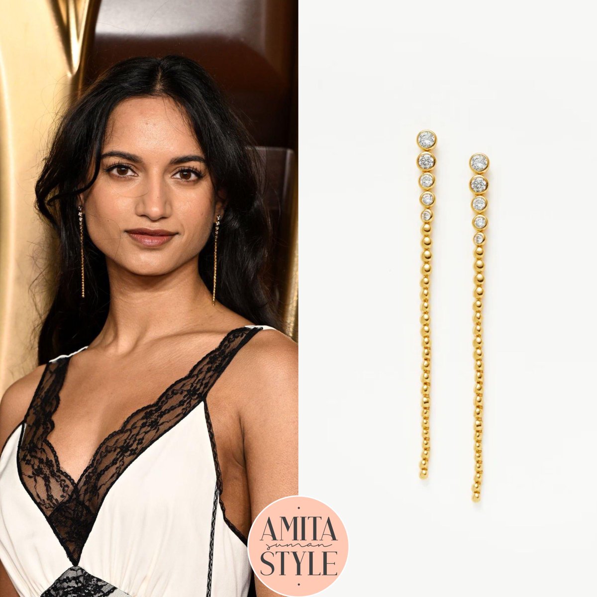 AmitaSumanStyle's tweet image. Amita Suman wore the #MeAndEm ‘Satin And Lace Full-Length Slip Dress’ (£295) and carried the #AspinalOfLondon ‘Midi Mayfair 2 Bag’ (£520).

She also wore the #Missoma ‘Articulated Beaded Stone Extra Long Drop Stud Earrings’ (£175) attending World Premiere of "Wonka".
