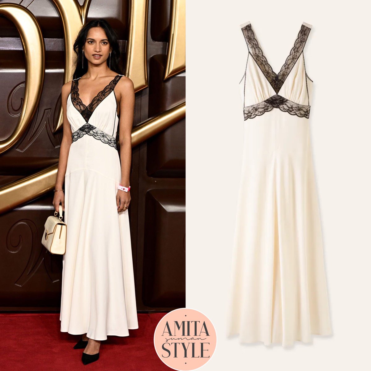AmitaSumanStyle's tweet image. Amita Suman wore the #MeAndEm ‘Satin And Lace Full-Length Slip Dress’ (£295) and carried the #AspinalOfLondon ‘Midi Mayfair 2 Bag’ (£520).

She also wore the #Missoma ‘Articulated Beaded Stone Extra Long Drop Stud Earrings’ (£175) attending World Premiere of "Wonka".