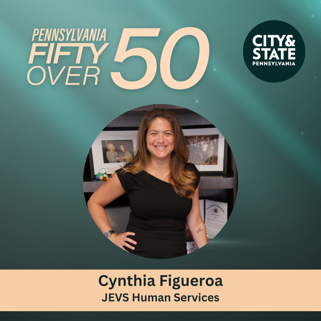 We are proud to announce that <a href="/CityAndStatePA/">City & State PA</a> is honoring JEVS President and CEO <a href="/cynfigueroaf/">Cynthia f Figueroa</a> with the Pennsylvania Fifty Over 50 Award! We're looking forward to celebrating Cynthia and all of the honorees tonight! cityandstatepa.com/power-lists/20…