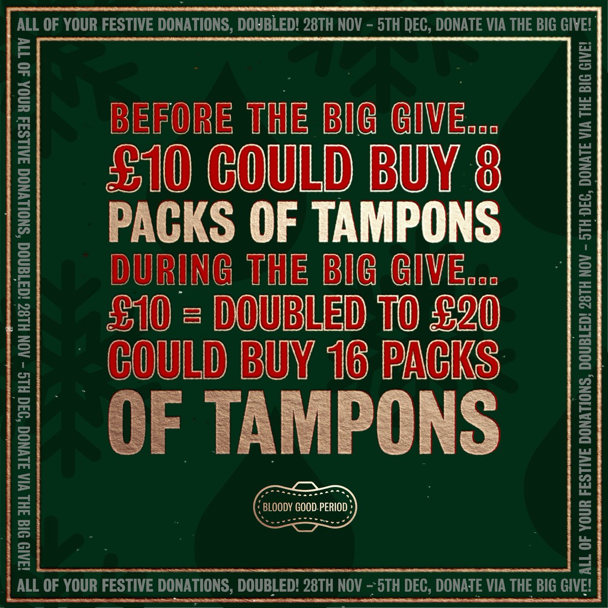 Dramatic return to this platform to announce that every donation made to Bloody Good Period will be DOUBLED until 5th Dec!!! BGP provides period products to those in need and menstrual education to refugee communities. If you can, pls donate and share! Bit.ly/bgpgive23
