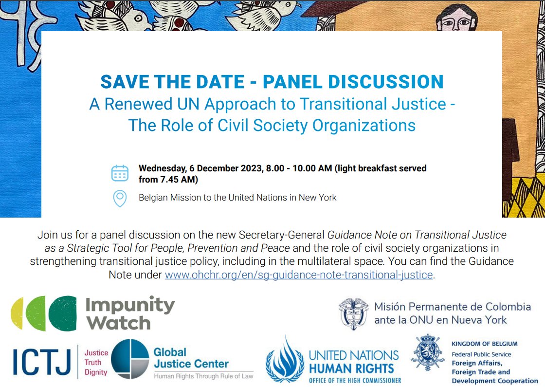 (3/4) WEDNESDAY: We will join <a href="/ImpunityWatch/">Impunity Watch</a> <a href="/theICTJ/">ICTJ</a> <a href="/UNHumanRights/">UN Human Rights</a> <a href="/ColombiaONU/">Colombia at the United Nations in New York</a> <a href="/BelgiumUN/">Belgium UN New York</a> for a discussion on the role of civil society organizations in transitional justice policy.