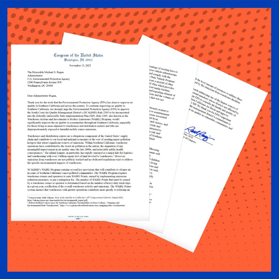 I am proud to join @RepMarkTakano & @RepPeteAguilar in sending a letter to the @EPA to approve the Warehouse Actions & Investments to Reduce Emissions Program. We must ensure centers being built in the Inland Empire take responsibility for decreasing the pollution they create.