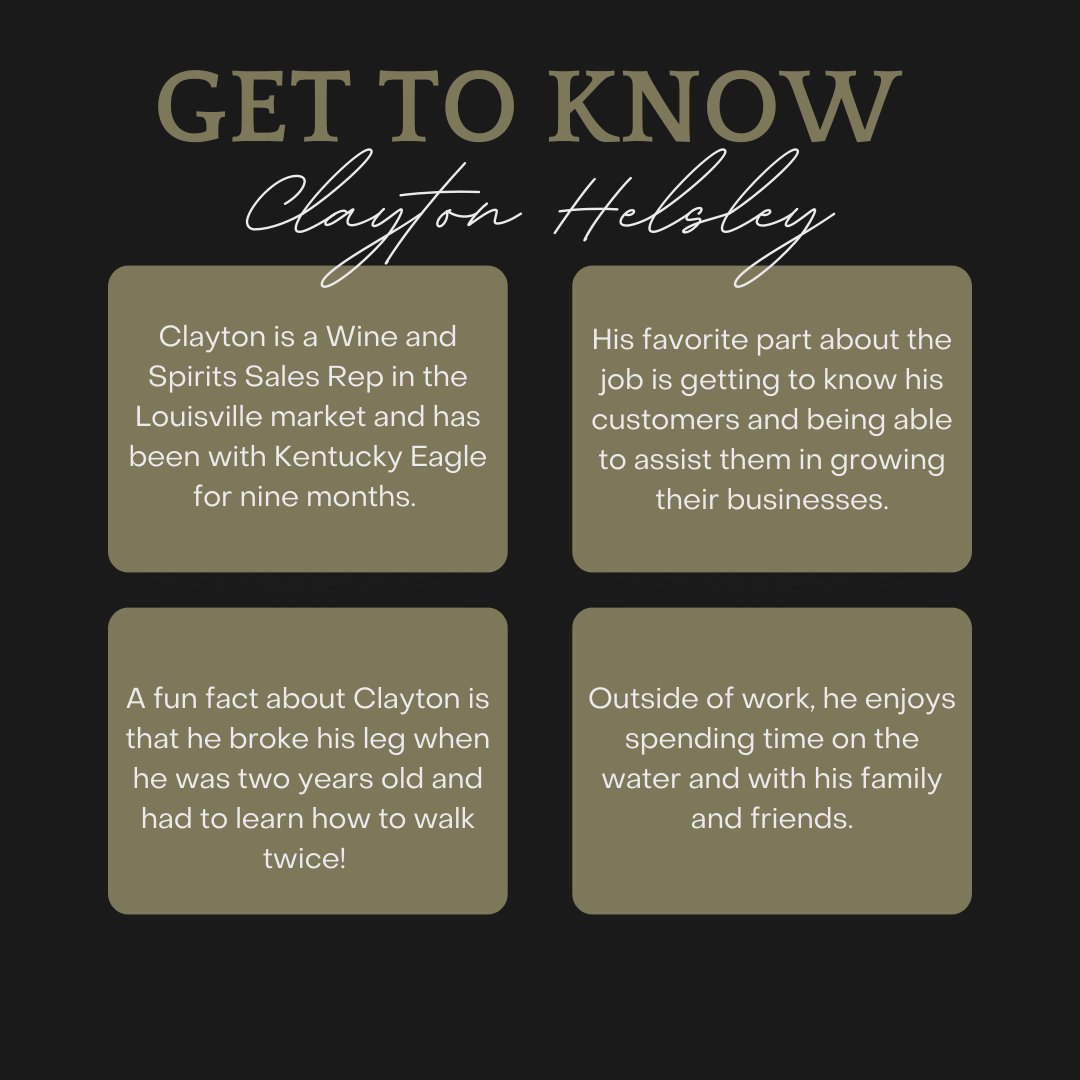 KYEagleInc's tweet image. Clayton Helsley, a Wine and Spirits Sales Rep in the Louisville market, is our Team Member Tuesday for the week! 🍷🍸

#TeamMemberTuesday #SalesRep #SalesRepresentative #MeetTheTeam #GetToKnow  #EmployeeSpotlight #EmployeeShoutout #KentuckyEagle