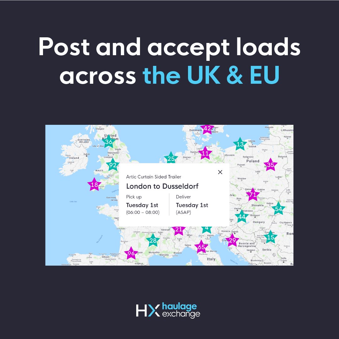 Want to grow your operations beyond the UK? With our European Access addon, you can post and secure loads not just in the UK, but also in Ireland and across Continental Europe.

Learn more: bit.ly/3T51Odd

#logistics #haulageexchange