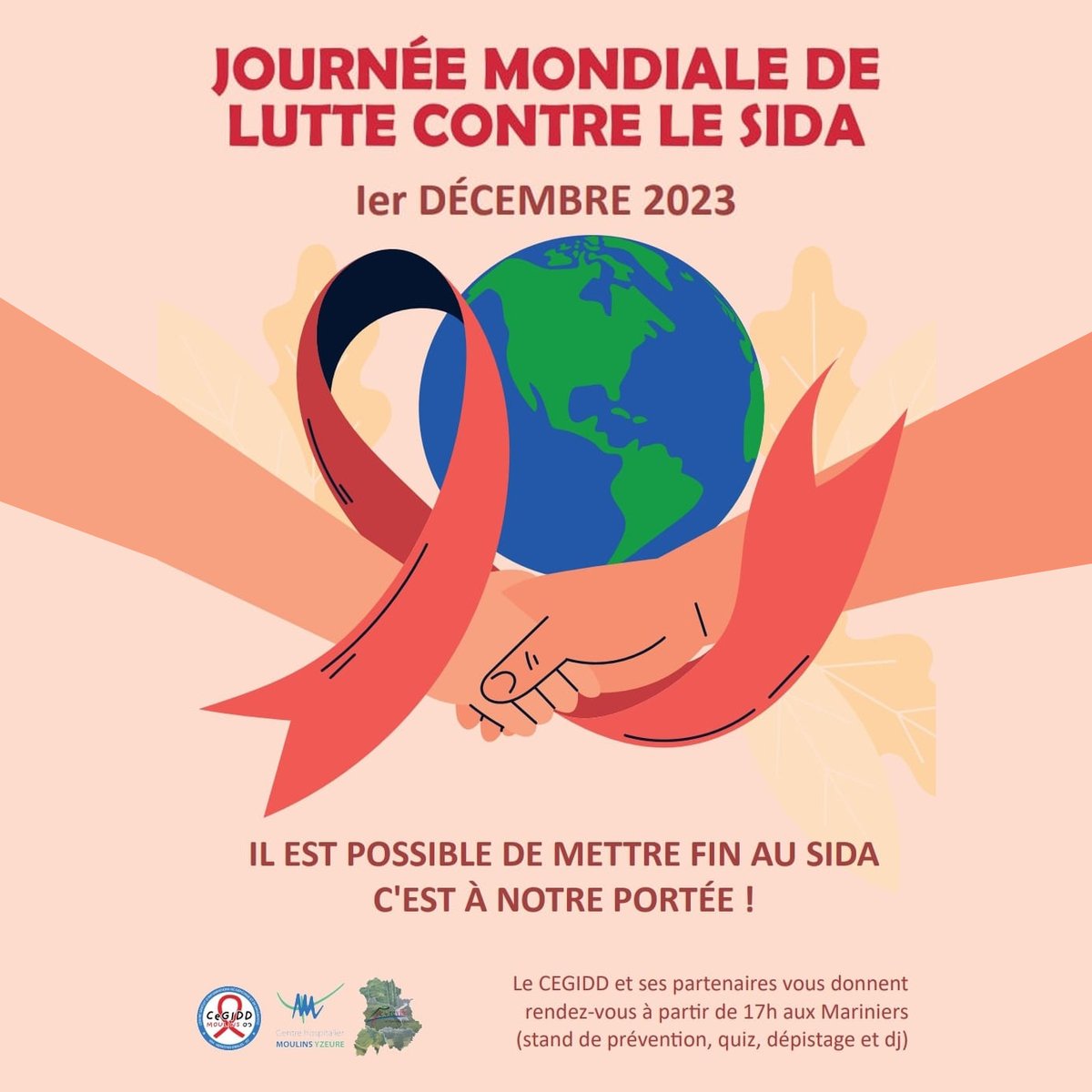 #JMS2023 | #SaveTheDate Notre équipe du #CeGIDD03 vous donne rendez-vous le 1er décembre, à @Villedemoulins , à l'occasion de la journée mondiale de lutte contre le #SIDA #VIH #FiersDeNosEquipes 💙💚