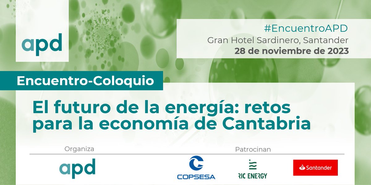 RIC Energy, Junto al Banco Santander y a COPSESA, ha patrocinado hoyel #encuentroAPD “El futuro de la energía, retos para la economía de Cantabria” en el que se ha analizado la oportunidad de desarrollo industrial que conlleva la #transformación energética.🌱