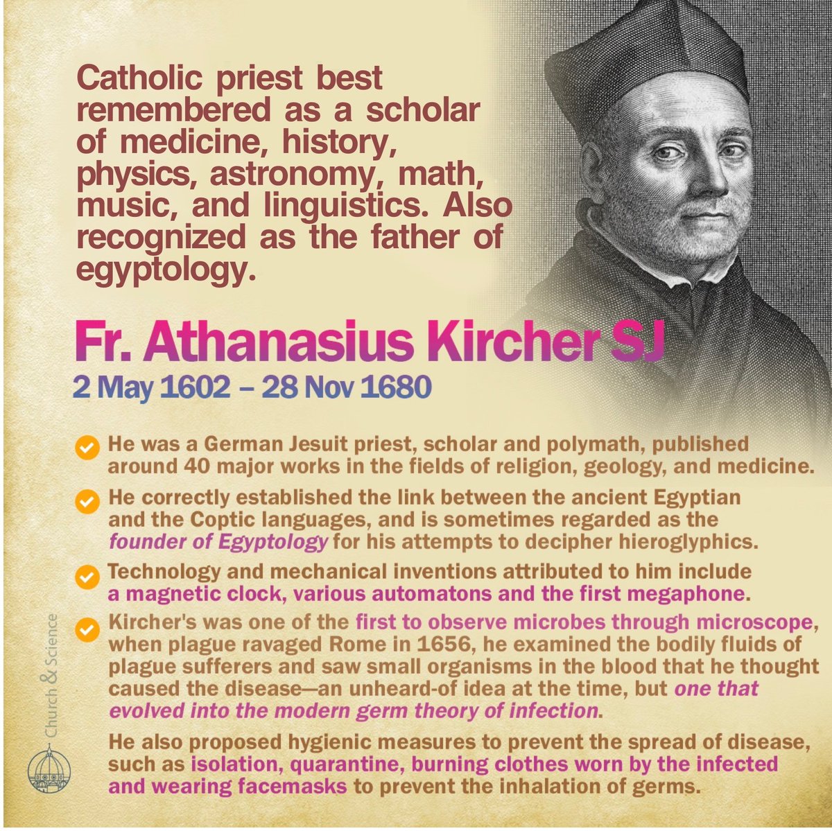 Fr. Athanasius Kircher SJ (2 May 1602–1680). Scholar and polymath, published ~40 major works in the fields of #religion, #geology, and #medicine. In 1638 he became the chair of #mathematics in the Collegio Romano. He is recognized as the father of #Egyptology. #STEM 🇩🇪