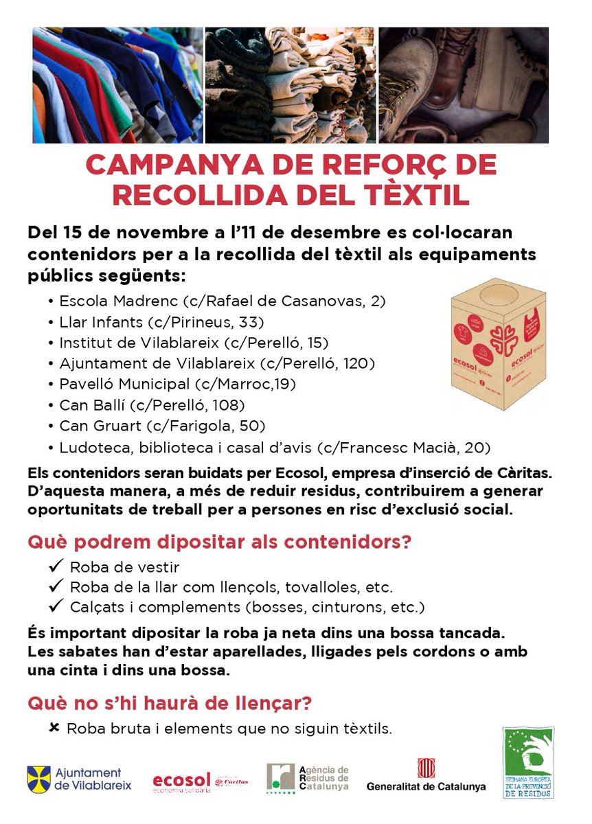 Vilablareix_cat's tweet image. 📢 Fins a l'11 de desembre podeu acostar-vos als punts de recollida tèxtil que hem habilitat per dipositar la roba que ja no feu servir

👉vilablareix.cat/noticies/torna…

#notemboliquis #envasos #Ewwr2023 #Vilablareix