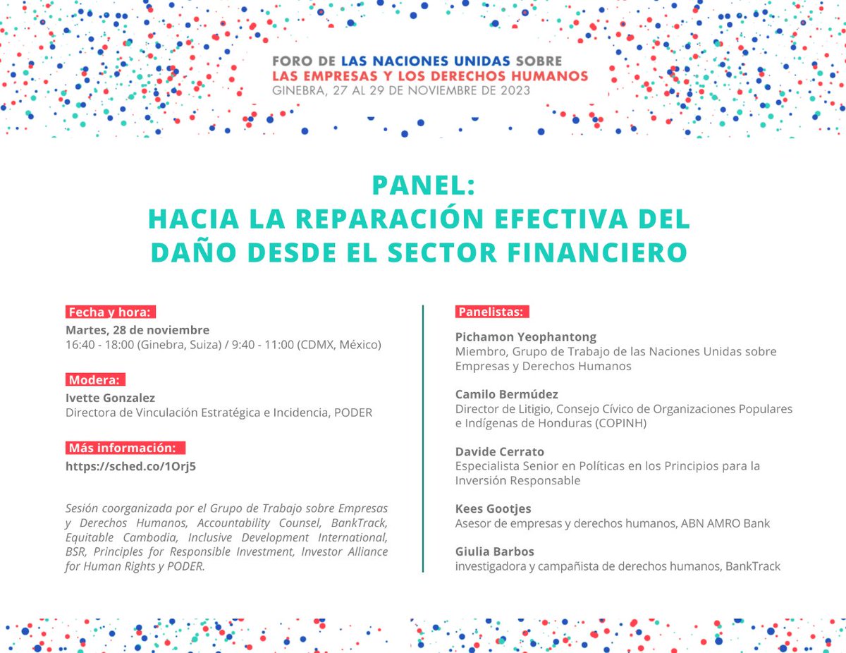 🟥🌍 XII Foro de @ONU_es sobre #EmpresasyDDHH |

¡Ya comienza el panel 'Hacia la reparación efectiva del daño desde el sector financiero'!

👉Sigue la transmisión: sched.co/1Orj5

@WGBizHRs @AccountCounsel @BankTrack @CambodiaEC @inclusivedevt @PRI_News @InvestForRights