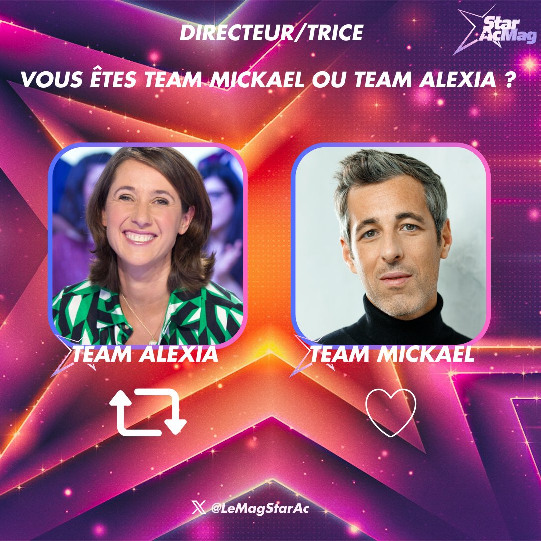 En tant que directeur/trice, vous êtes plus #TeamMickael ou #TeamAlexia ?

👉 #RT pour Alexia
👉 #FAV pour Mickael

#StarAcademy #StarAcademyLive (CC <a href="/ALJ/">Alexia Laroche Joub</a>)