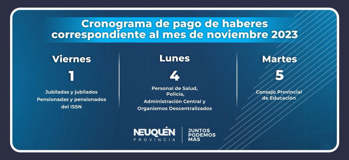 OmarGutierrezOk's tweet image. El próximo viernes 1 de diciembre comienza el cronograma de pago para la Administración Pública provincial.
Inicia con las y los jubilados y pensionados del ISSN y finalizará el martes 5 con las y los agentes del CPE.