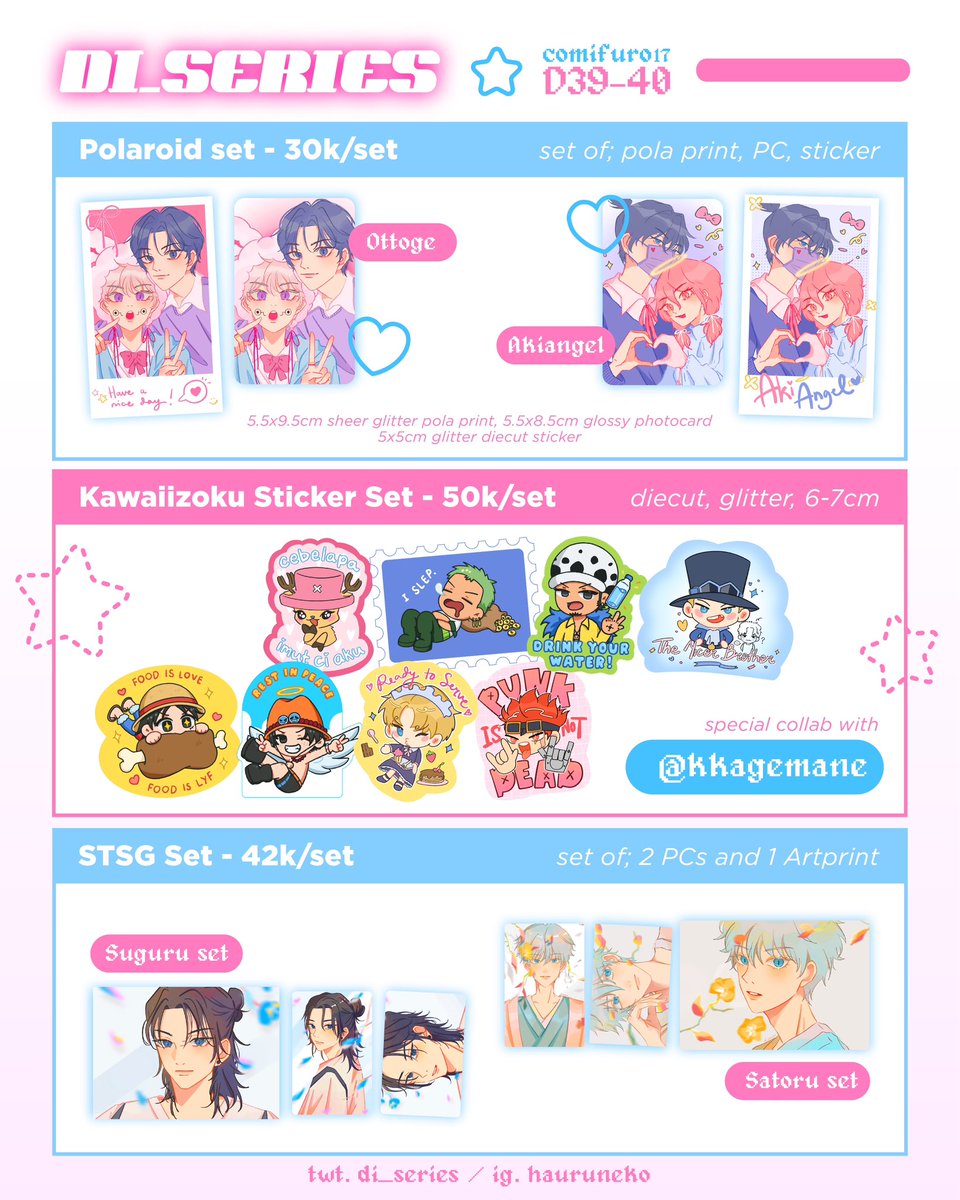di_series's tweet photo. ༘⋆ di_series  #comifuro17 catalog is here! will be there both days at booth D39-40🌷₊˚ෆ🫧

🩷SVT / Haikyuu / JJK / CSM / Genshin Impact / BLLK / One Piece
🛒Limited early PO for pick up tomorrow (wed, 29/11)
🎀Items will also be READY STOCK for OTS purchase

more below! https://t.co/U1ZuJB2jcU