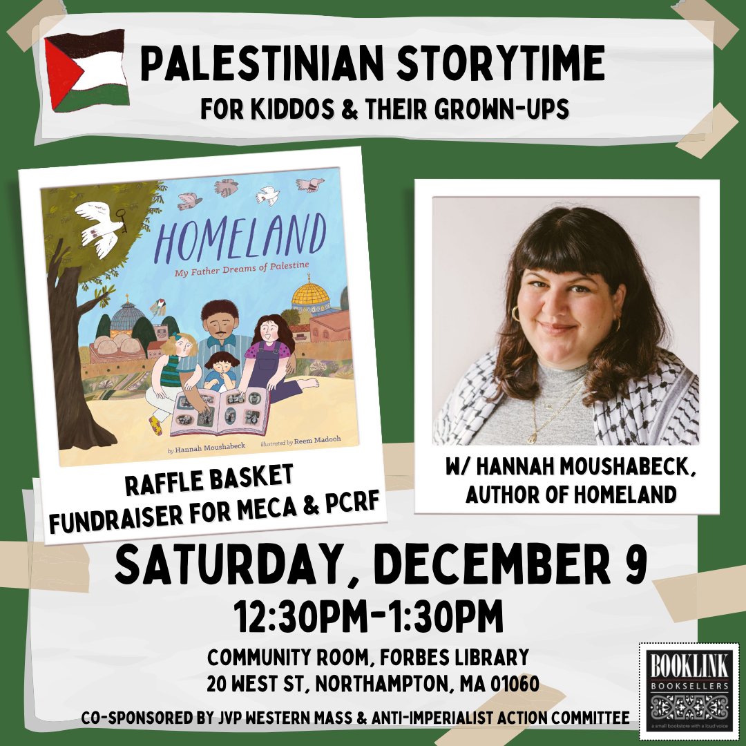 Friends in the Pioneer Valley, I hope you join me with your kiddos for a celebration of Palestinian joy. 🇵🇸
Proceeds from book sales will be donated to <a href="/MECAForPeace/">MECA</a> &amp; <a href="/ThePCRF/">The PCRF (Palestine Children's Relief Fund)</a> <a href="/ForbesLibrary/">Forbes Library</a> <a href="/JVP_WesternMA/">JVP Western Mass</a> <a href="/BooklinkBooks/">Booklink Booksellers</a>