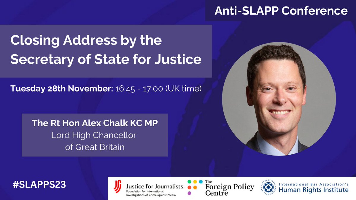 FPCThinkTank's tweet photo. We are now welcoming The Rt. Hon Alex Chalk KC MP (@AlexChalkChelt) Lord Chancellor and Secretary of State for Justice (@MoJGovUK) to close the conference today and reflect on the Govenrmnet's action on #SLAPPS23 so far.
Starting soon!🕙
Joining us: https://t.co/uYX1ppk6bT https://t.co/nXFYmK0ZEx