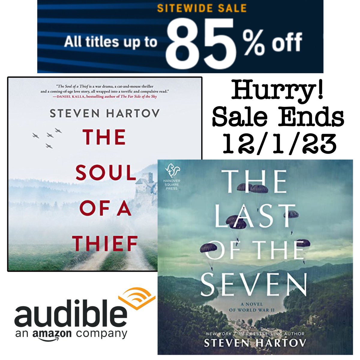 .@Audible_com SALE HAPPENING NOW! All #audiobooks on sale at deep discount. Perfect chance to purchase my #WWII #thrillers THE LAST OF THE SEVEN and THE SOUL OF A THIEF from <a href="/Hanover_Square/">Hanover Square Press</a> <a href="/HarperAudio/">HarperAudio</a> at great holiday price! (US only)
Offer ends 12/1/23!
audible.com/ep/audiobook-d…