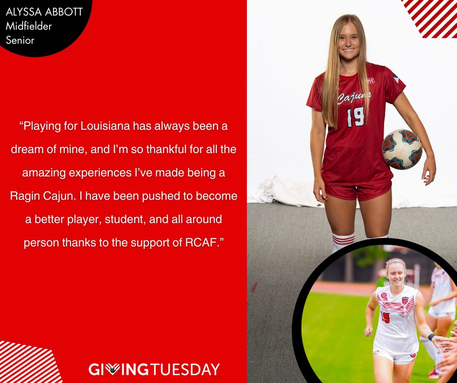 geauxRCAF's tweet photo. Check out what Louisiana Athletics investments mean to Alyssa Abbott. Each contribution has helped fuel her journey, shaping not just an athlete, but a person driven by passion and dedication.⚽️

GIVE NOW➡️https://t.co/75vjtBRyxx

#GeauxRCAF | @RaginCajunsSOC ⚜️ https://t.co/Qup4aaEknh