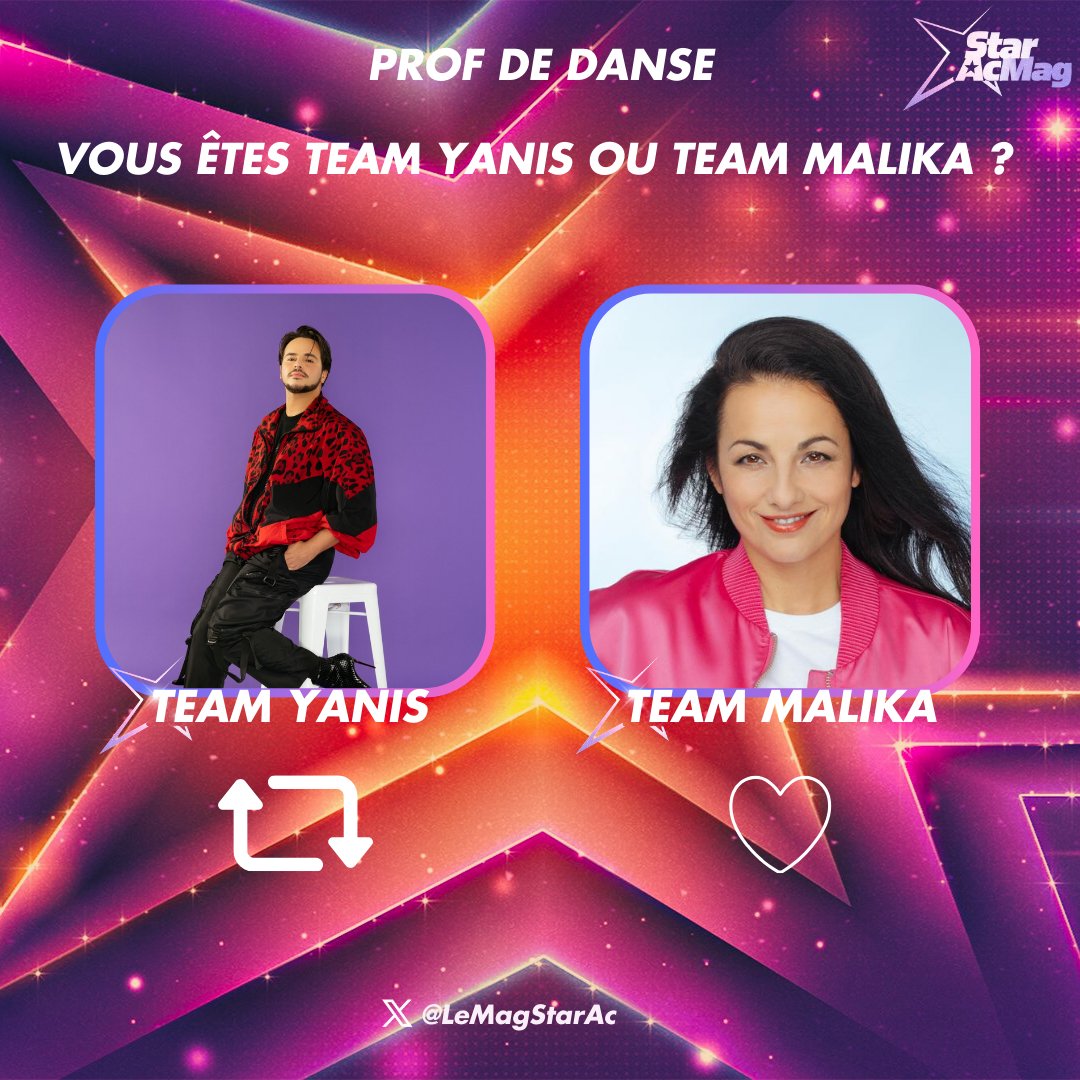 LeMagStarAc's tweet photo. PROF DE DANSE :

Vous êtes plutôt #TeamYanis ou #TeamMalika ?

👉 #RT pour Yanis
👉 #FAV pour Malika

#StarAcademy #StarAcademyLive https://t.co/2bPr59C2oO