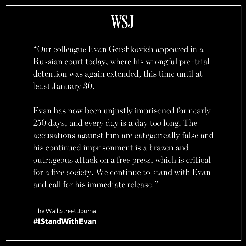 'Evan has now been unjustly imprisoned for nearly 250 days, and every day is a day too long.' Read the full statement from @WSJ on reporter Evan Gershkovich following today's hearing: dowjones.com/press-room/nov… #IStandWithEvan