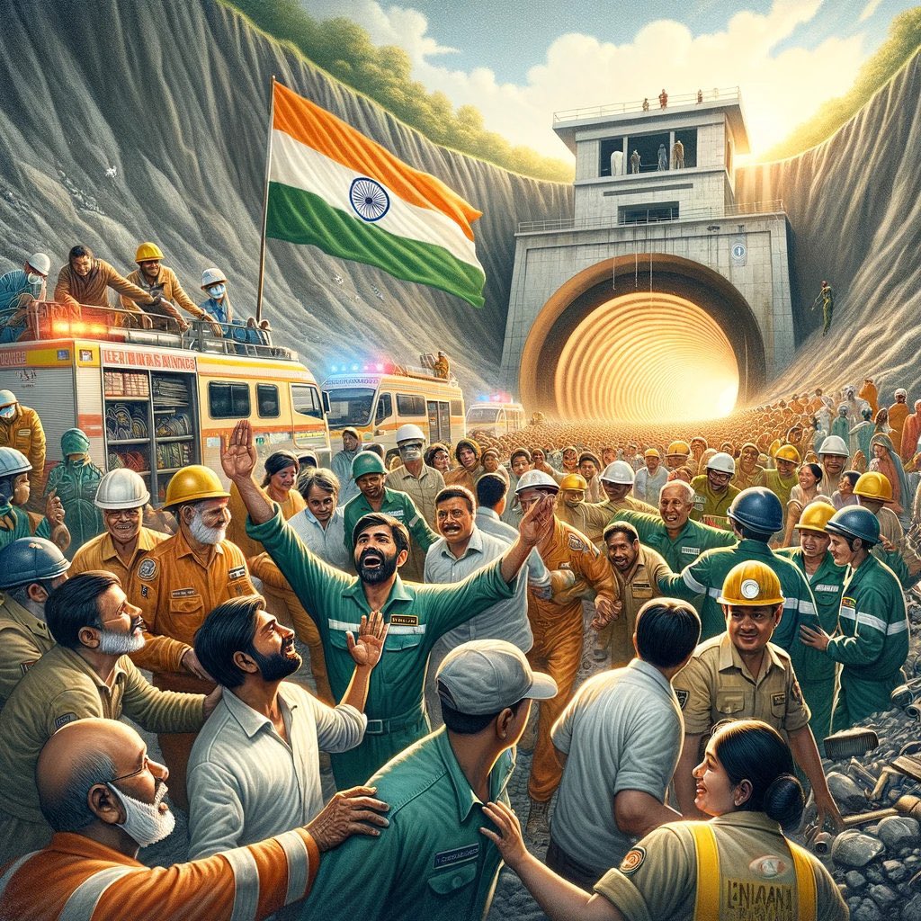 AskAnshul's tweet photo. Finally, after 17 days, all the 41 workers evacuated safely from the Silkyara tunnel in Uttarakhand.

Salute to each &amp; everyone involved in this rescue mission for their tireless efforts since 12 November. https://t.co/9KCnu1eDNS