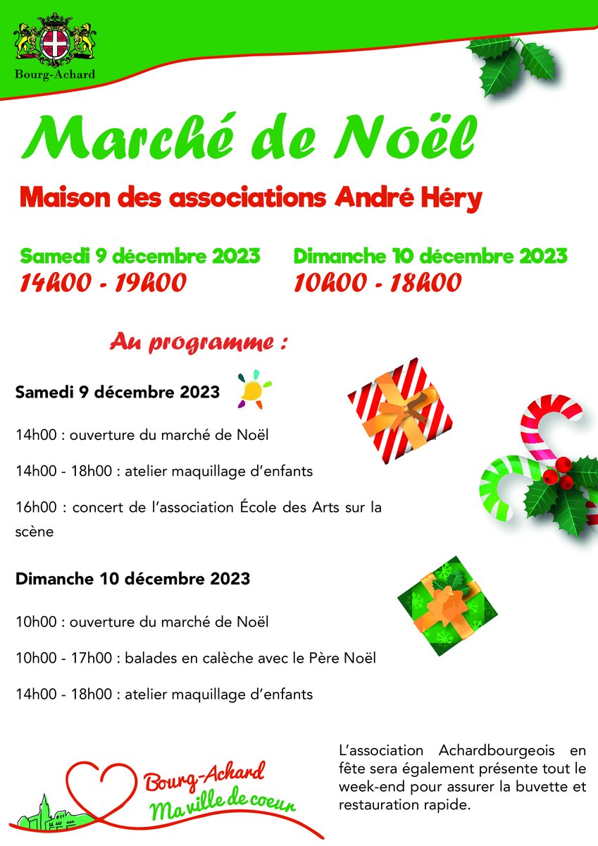bourg_achard's tweet photo. Le #MarcheDeNoel à #BourgAchard ouvre ses portes dans une dizaine de jours !
Nous vous donnons rendez-vous à la maison des associations André Héry, le 9 décembre à partir de 14h00 pour un week-end riche en animations ! https://t.co/hW1MkC0ju3
