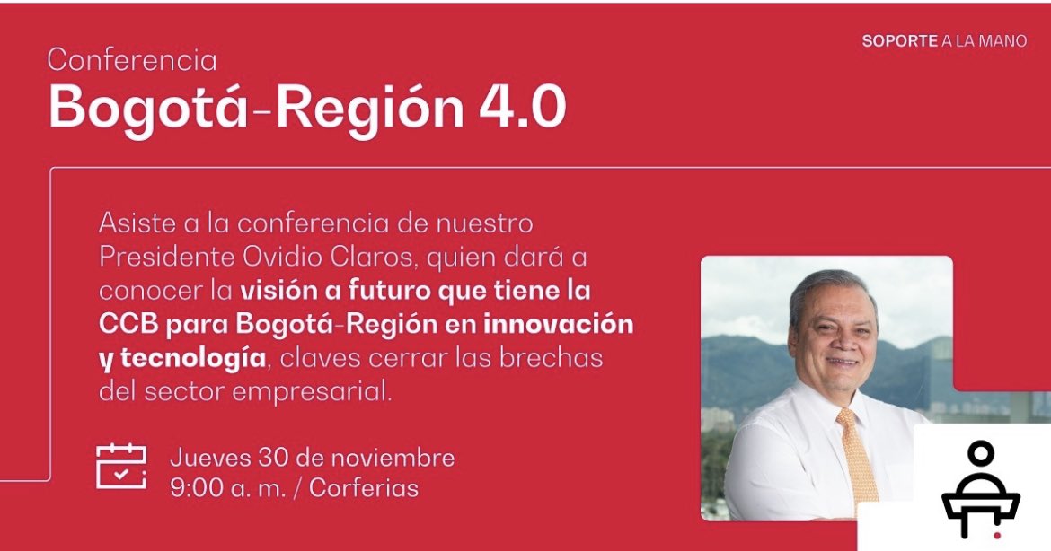 AndresCarboA's tweet image. #ClusterSoftware @camaracomerbog invita a participar en Colombia 4.0 con la conferencia del presidente de la CCB el jueves 30 de noviembre a las 9  am en Corferias. Los esperamos! Link de registro: registro.col40.co
