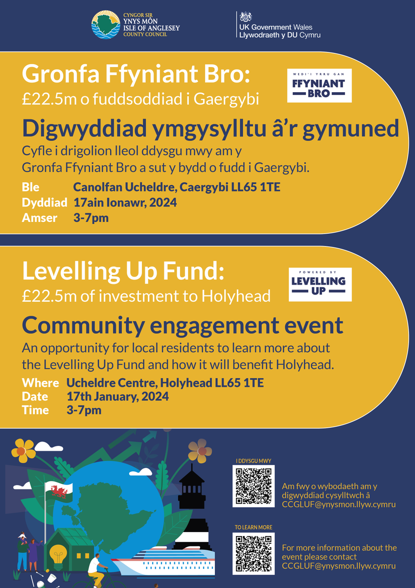 Gronfa Ffyniant Bro Caergybi:
Ym mis Ionawr, bydd tîm LUF yn cynnal digwyddiad ymgysylltu a’r gymuned i hyrwyddo'r gweithgareddau a rhannu cynnydd gyda thrigolion a busnesau lleol. Manylion isod.
#FfyniantBro